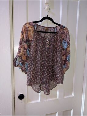 Floral Sheer Peasant Blouse - Brown Floral